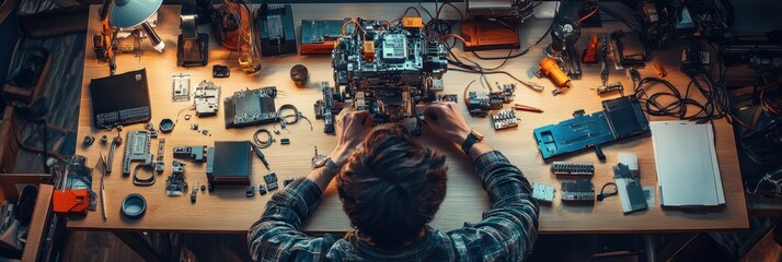 Leinwandbilder - Robotics engineer assembling a robot in a workshop surrounded by various components and tools during the evening. Generative AI