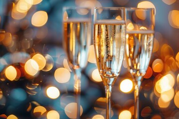 Poster - Festive party celebration with champagne glasses and vibrant lights for bars and event planning