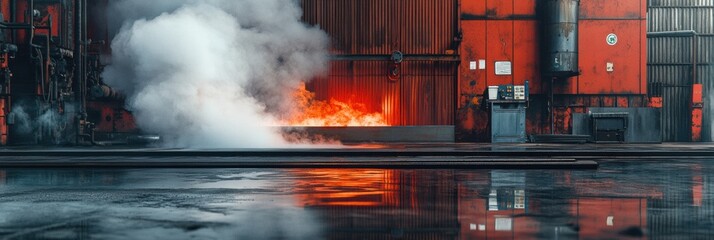 Poster - Red hot metal billets undergo rapid tempering in a workshop, creating impactful clouds of steam in the air