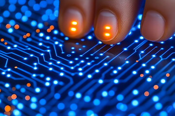 Poster - Close-up of fingertip interacting with illuminated circuit board, showcasing intricate electronic pathways