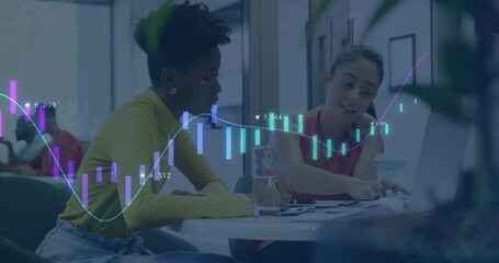 Poster - Discussing work in office, businesswomen with animation of financial data graph