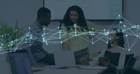 Poster - In business meeting, diverse team discussing network connections and data processing animation