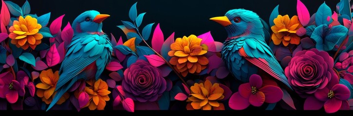 Wall Mural - Artistic representation of nature with intricate leaves and lively birds.