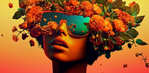 Wall Mural - Captivating vision of hair adorned with surreal floral elements.