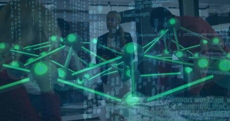 Poster - Network of connections and data processing animation over diverse business meeting