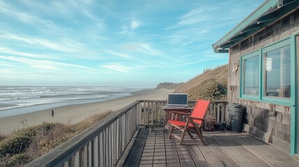 Poster - A beachside workspace setup with a laptop on a wooden deck, symbolizing remote work freedom.