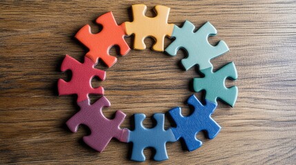 Poster - A circle of puzzle pieces connected together on a wooden background, representing teamwork, problem-solving, and unity.