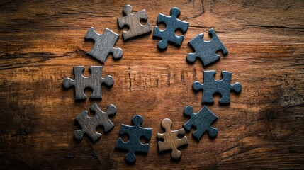 Poster - A circle of puzzle pieces connected together on a wooden background, representing teamwork, problem-solving, and unity.