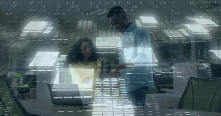 Poster - Binary code animation over two people working together at office desk