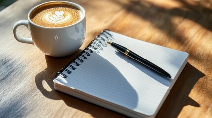 Poster - A close-up of a modern desk with a pen, notebook, and a cup of coffee, symbolizing startup growth and strategic thinking.
