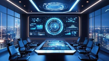 Poster - A futuristic meeting room with an interactive digital screen displaying real-time data and analytics.
