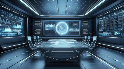 Poster - A futuristic meeting room with an interactive digital screen displaying real-time data and analytics.