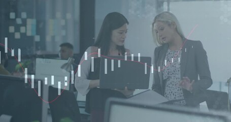 Poster - Discussing financial graphs, businesswomen using laptop in office setting