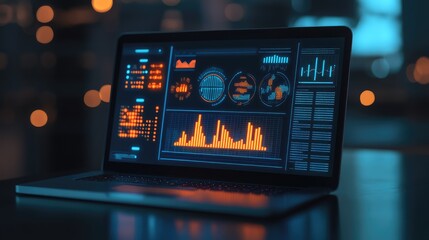Poster - A glowing risk management strategy chart on a laptop screen with digital symbols protecting business assets.