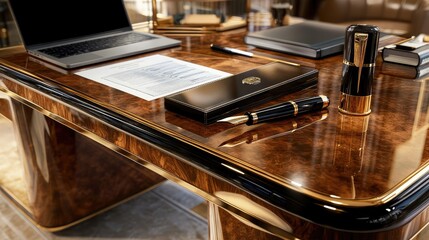 Poster - A polished wooden desk with financial reports, a laptop, and an elegant fountain pen, symbolizing corporate success. Soft natural lighting and copy space.