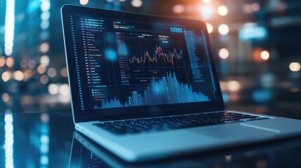 Poster - A risk management analysis on a laptop screen with financial graphs, symbolizing business planning and risk mitigation.