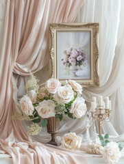 Poster - Elegant wedding display featuring a beautiful frame with romantic accessories on a soft backdrop with flowers and candles