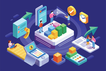 Poster - a vibrant isometric illustration showcasing various activities related to processing refunds in a mo