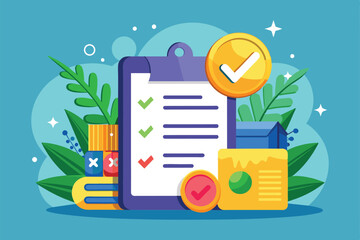 Poster - A detailed refund checklist displayed with vibrant icons against a lush, green backdrop for clarity and customization, Refund Customizable Semi Flat Illustration