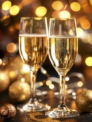 Poster - Glasses of champagne sparkle at a vibrant party with bright lights and festive decorations