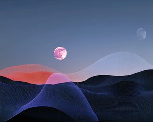 Wall Mural - dual moons, one full and one crescent, casting prismatic light over a cybernetic landscape, constell