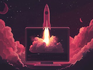 Rocket launch from computer screen with clouds illustration