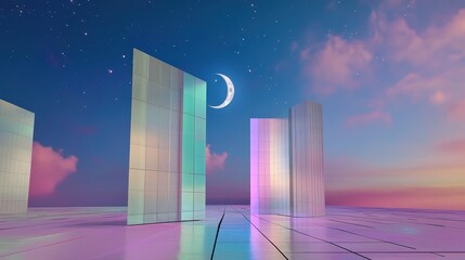 Wall Mural - an advanced utopian city where two moons, full and crescent, rise together, their light bending in a