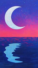 Wall Mural - Mystical full moon with a mirrored crescent moon reflecting in an otherworldly ocean, glowing constellations in vibrant hues