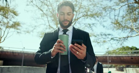 Poster - Business, outdoor and man with cellphone, coffee or legal aid with communication. Person, lawyer or attorney with smartphone, herbal tea or connection with digital app, internet or message to contact
