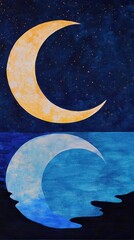 Wall Mural - Mystical full moon with a mirrored crescent moon reflecting in an otherworldly ocean, glowing constellations in vibrant hues