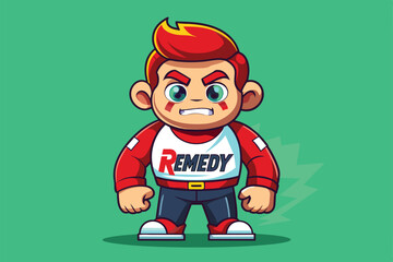 Poster - a cartoon character with red hair stands confidently with arms crossed, ready for action, remedy cus