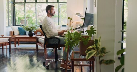 Leinwandbilder - Computer, reading and typing with man in home office for remote work or startup business. Administration, design and smile with happy freelance employee in apartment for idea, planning or proposal