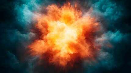 Wall Mural - a vibrant explosion of orange and yellow smoke, contrasted sharply by surrounding teal-colored cloud