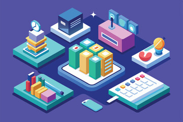 Fototapete - A colorful isometric illustration displays various customizable productivity tools and reminders organized thoughtfully, Reminders Customizable Isometric Illustration