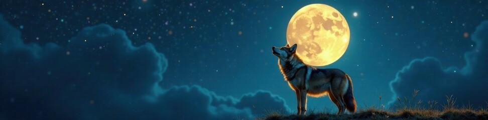 Wall Mural - Wolf with yellowed fur howling at full moon night sky, full moon, wolf,