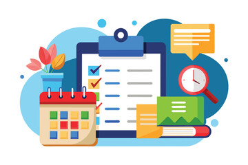 Poster - a clipboard displays customizable reminders alongside a calendar, clock, and colorful office supplie