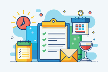 Poster - A vibrant illustration featuring customizable reminders with a checklist, calendar, and a clock to enhance productivity, Reminders Customizable Semi Flat Illustration