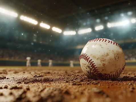 Used Baseball on Infield Dirt at Night Game