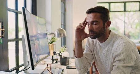 Aufkleber - Tired, headache and business man on computer for deadline on web design, online project and research. Creative, office and person with burnout, fatigue and stress on pc for website, planning and UI