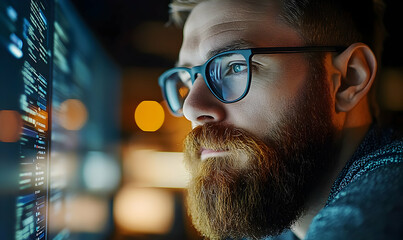 Poster - Focused man with beard and glasses intently reviewing code on a large screen in a dimly lit setting
