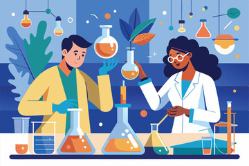 Poster - Two researchers analyze an Erlenmeyer flask while engaged in a laboratory experiment, Researchers are examining Erlenmeyer flasks