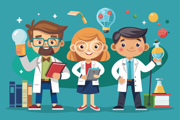 Poster - Three cheerful researchers in lab coats are actively involved in science with colorful lab equipment, Researchers Customizable Cartoon Illustration
