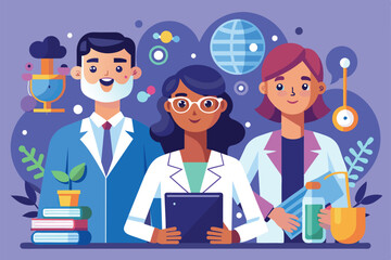 Poster - Three researchers collaborate in a vibrant workspace, showcasing scientific tools and enthusiasm for discovery, Researchers Customizable Flat Illustration