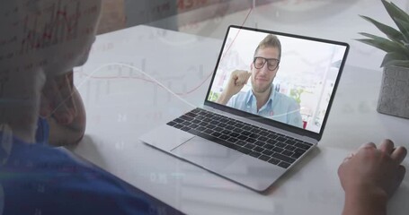 Poster - Having video call, person using laptop with financial data animation overlay
