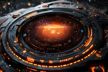 Poster - Futuristic, circular device with glowing orange core, intricate details, and dark metallic casing.  High-tech aesthetic
