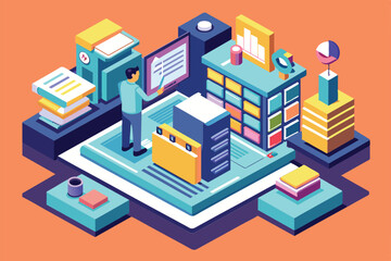 Poster - a person engages with digital resources and materials in an organized workspace focused on research,