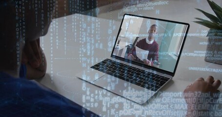 Poster - Person watching online tutorial on laptop with digital code overlay animation