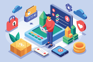 Poster - A person is engaged in customizing the password reset process while interacting with digital graphics, Reset password Customizable Isometric Illustration