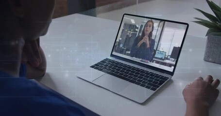 Poster - Person watching online presentation on laptop with digital data overlay animation