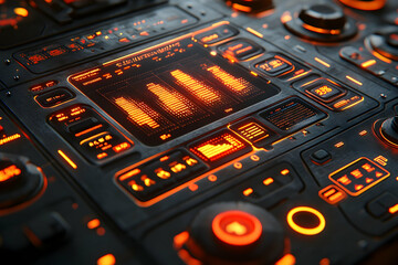 Poster - Futuristic control panel with glowing orange interface and various buttons and knobs.  Detailed digital display shows data